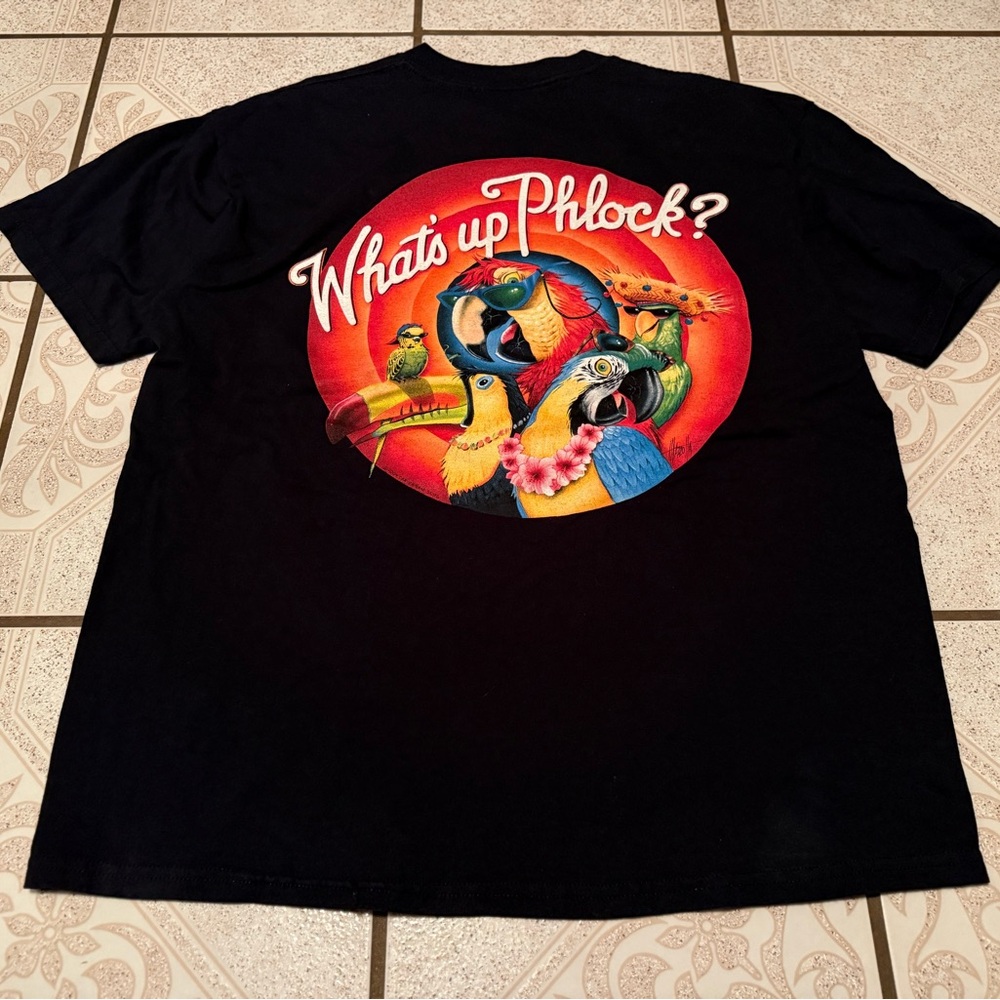 Black T-Shirt with Colorful Parrot Design “what’s up phlock?”